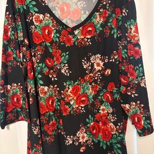 The Pioneer Woman Black Blouse with Red and Green Floral Design